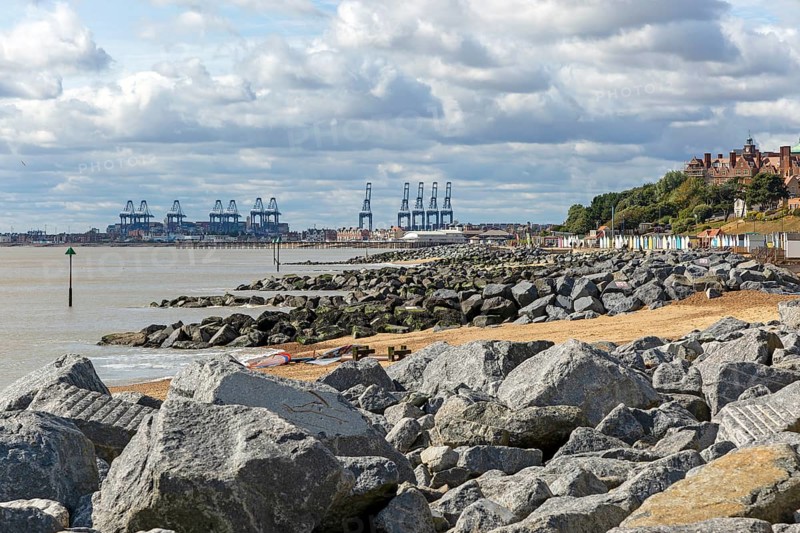Rock armour beach groynes along coastline at Felixstowe