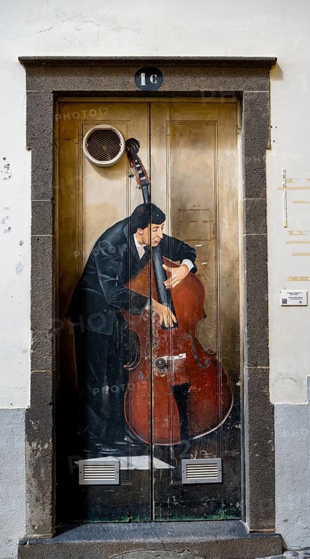 Colourful painted door with musician playing double bass
