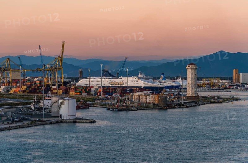 Grimaldi Lines Cruise Ship at sunset in Port of Livorno