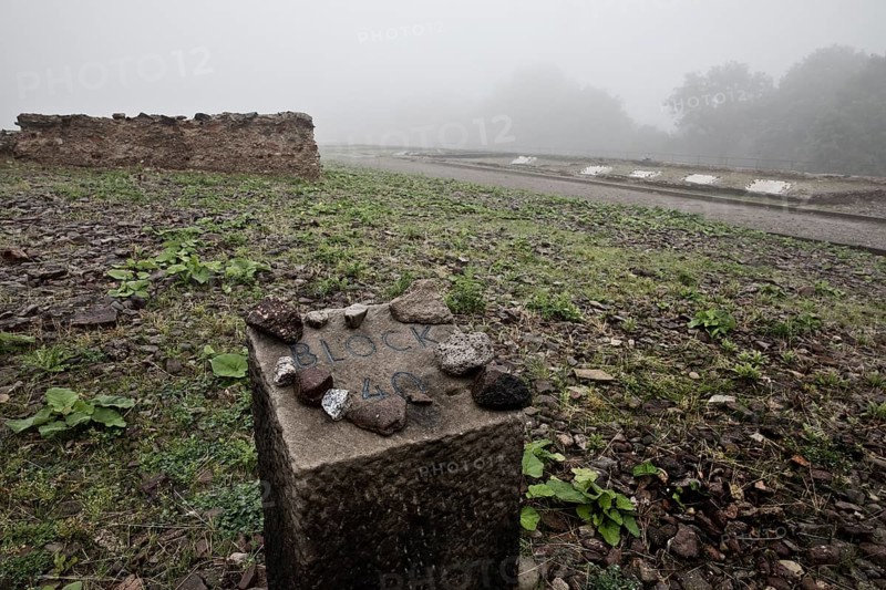 Memorial stone for camp barrack Block 40 at beech forest concentration camp