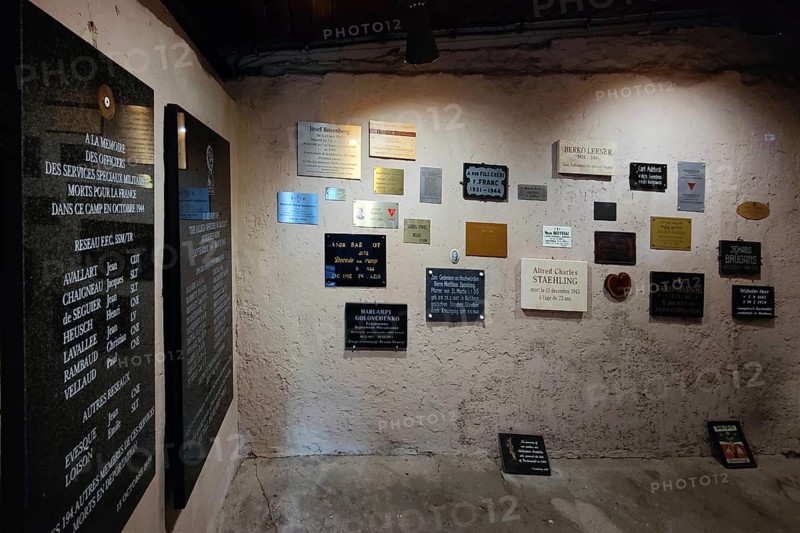 Memorial plaques in the crematorium of the camp