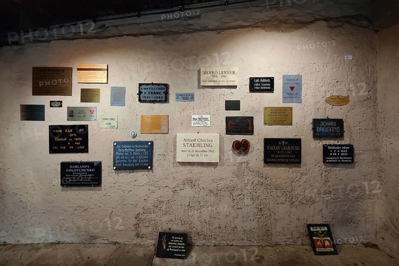 Memorial plaques in the crematorium of the camp
