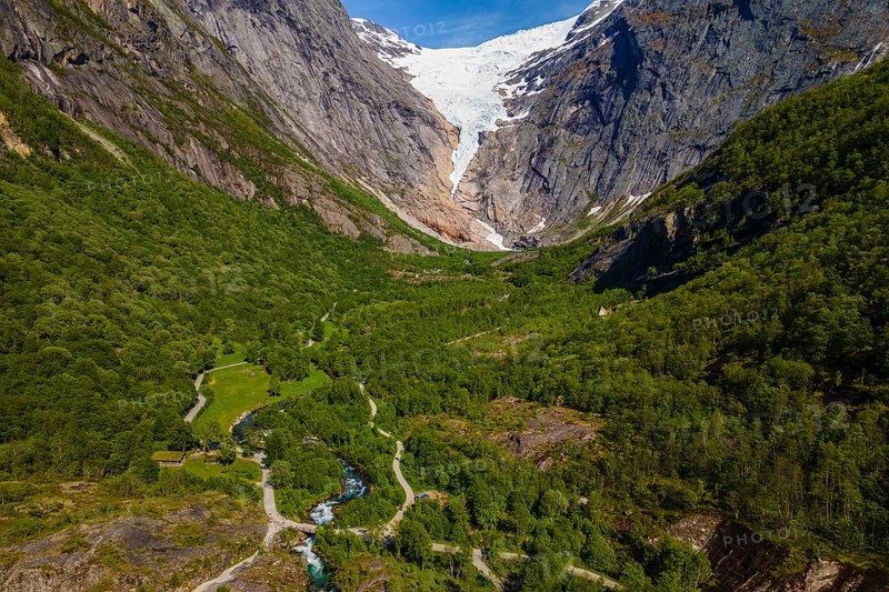 Drone view of the Briksdalsbreen valley and glacier