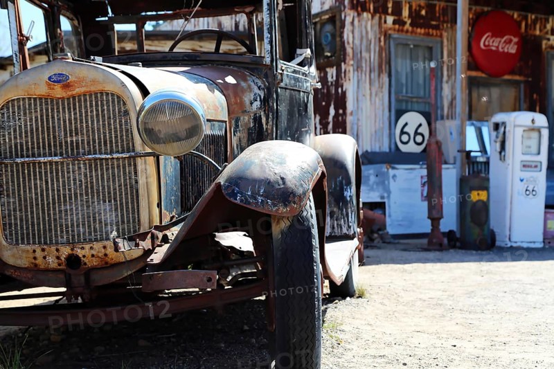 Vintage cars at the Hackberry General Store on historic Route 66. Kingman