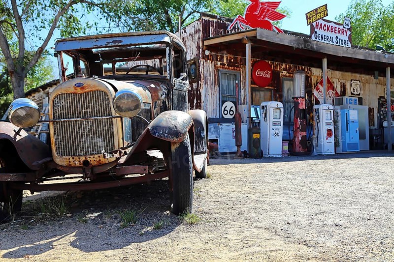 Vintage cars at the Hackberry General Store on historic Route 66. Kingman