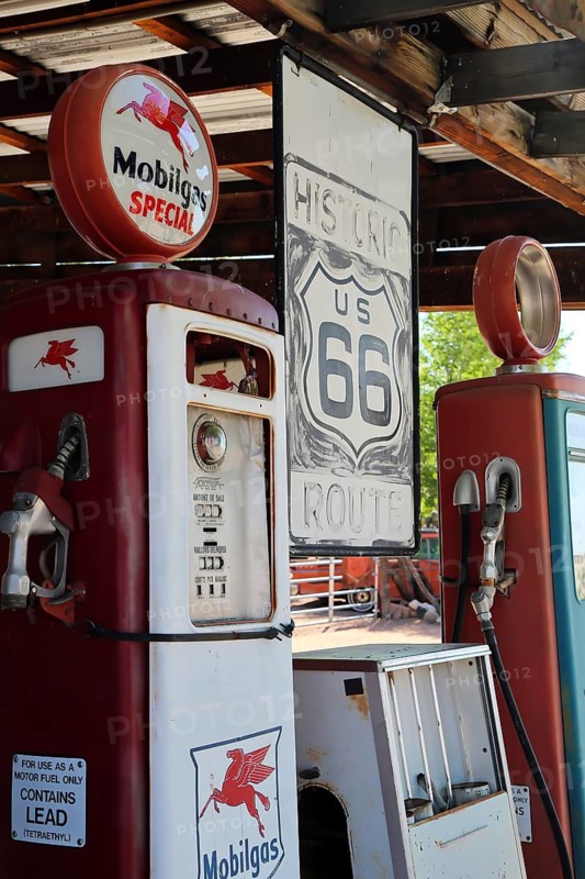 Antique gas pumps at Hackberry General Store on historic Route 66. Kingman