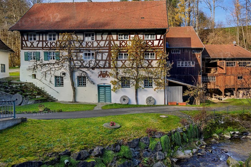 Half-timbered house with espalier trees