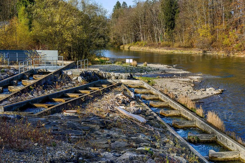The Iller barrage 5 Fluhmuehle with fish ladder near Altusried