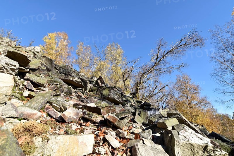 The Moerschieder Burr mountain in the Hunsrueck-Hochwald National Park in autumn with the boulder dumps called Rosselhalde made of Taunus quartzite
