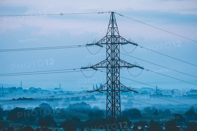 Electricity grid post during sunrise in the province of Gerona north of Catalonia Spain