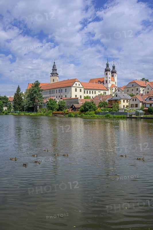 View over a pond to the old town of