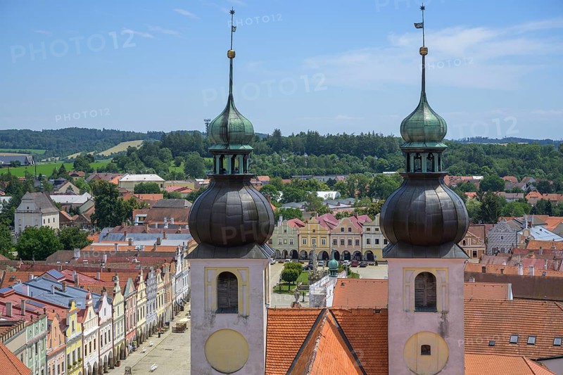 View of the old town with towers from the tower of the church sv. Jakuba Church Jmena Jezis