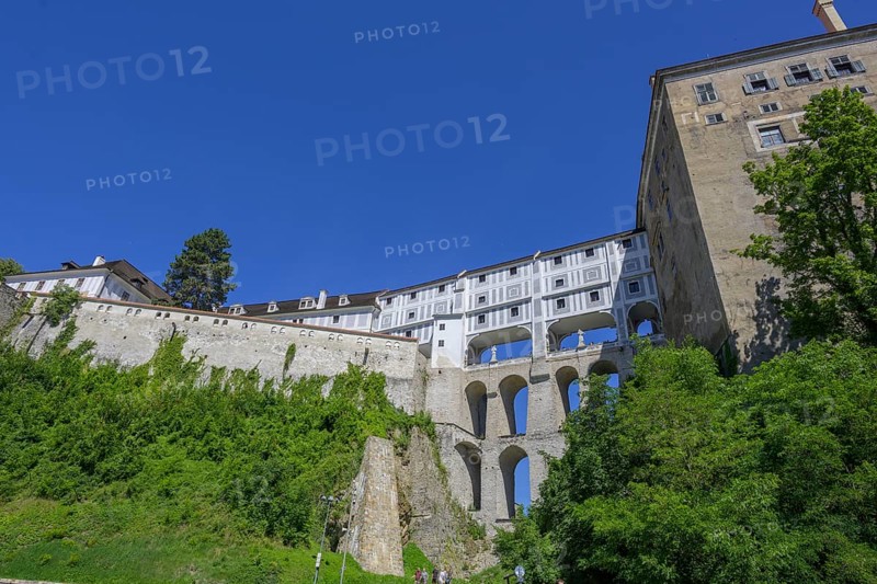 View up to the castle with historical bridge Plastovy most