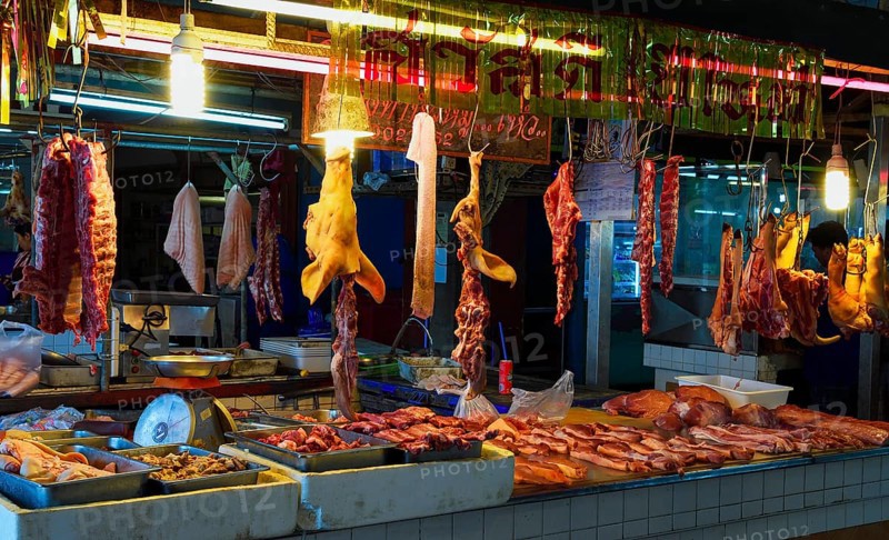 Typical meat stall at Banzaan fresh market