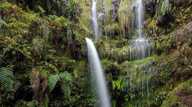 Waterfall between rock faces overgrown with ferns