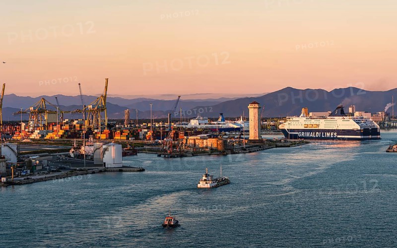 Grimaldi Lines Cruise Ship at sunset in Port of Livorno
