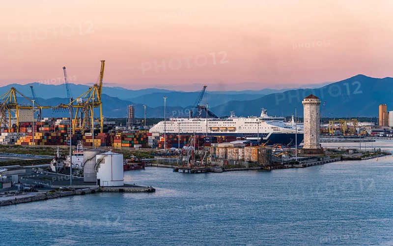 Grimaldi Lines Cruise Ship at sunset in Port of Livorno