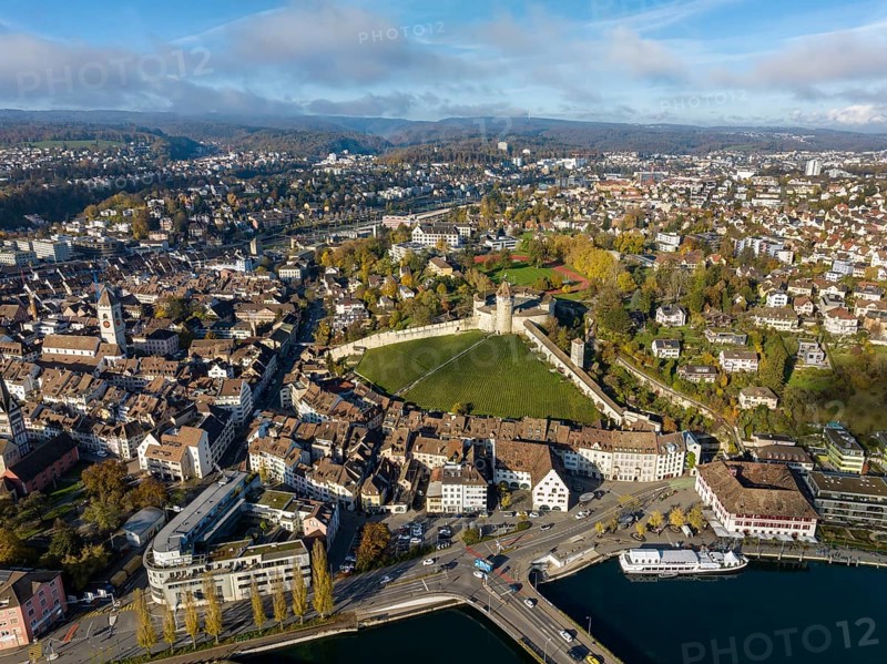 Aerial view of the town of Schaffhausen with the Munot town fortress