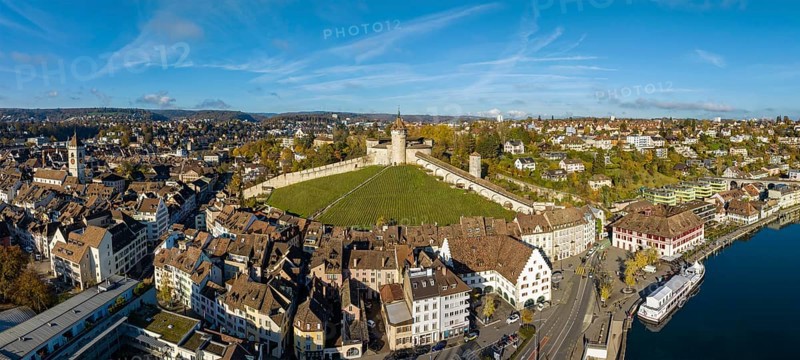 Aerial view of the town of Schaffhausen with the Munot town fortress
