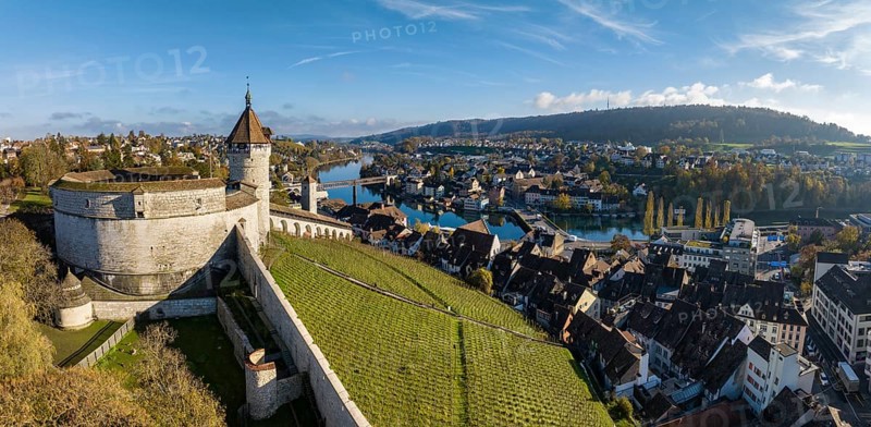 Aerial view of the town of Schaffhausen and Feuerthalen with the Munot town fortress