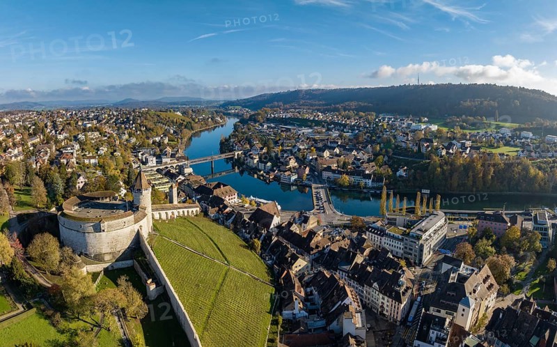 Aerial view of the town of Schaffhausen and Feuerthalen with the Munot town fortress