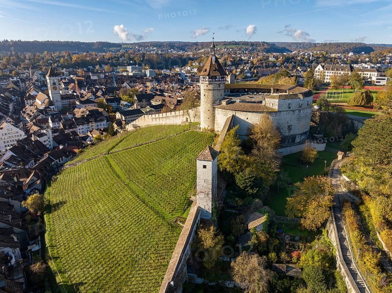 Aerial view of the town of Schaffhausen with the Munot town fortress