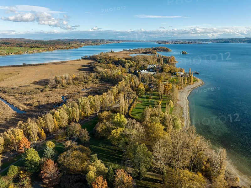 View over the autumnal Mettnau Park with the lido on the Mettnau peninsula in western Lake Constance