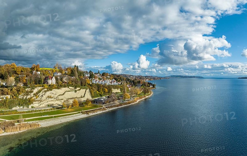 Aerial view of Goldbach near Ueberlingen on Lake Constance with the newly designed lakeside promenade