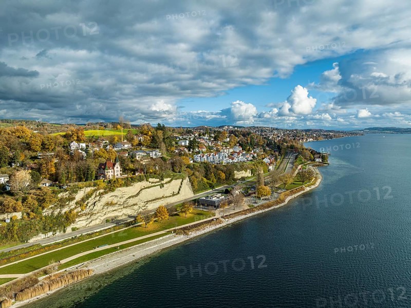 Aerial view of Goldbach near Ueberlingen on Lake Constance with the newly designed lakeside promenade