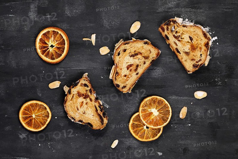 Top view of slice of German Stollen cake