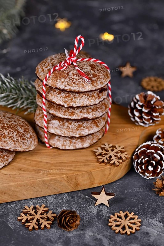 Stack of traditional German round glazed gingerbread Christmas cookie called 'Lebkuchen'