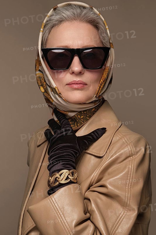 Portrait of a beautiful elderly woman in a beige raincoat with classic makeup and gray hair