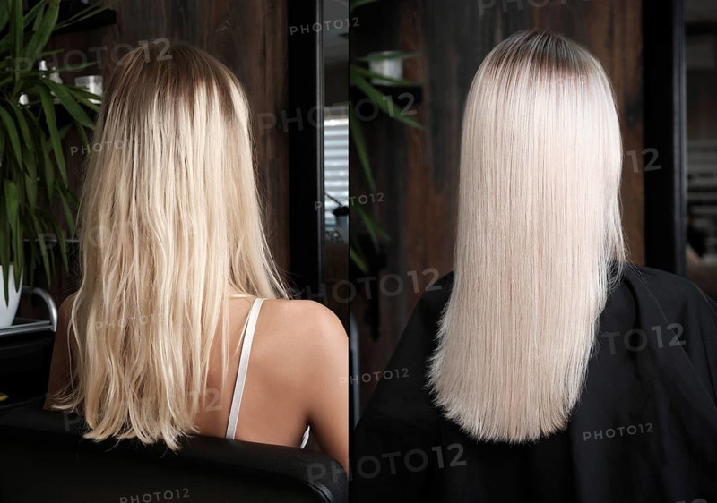 Woman before after dyeing her hair. Rear view