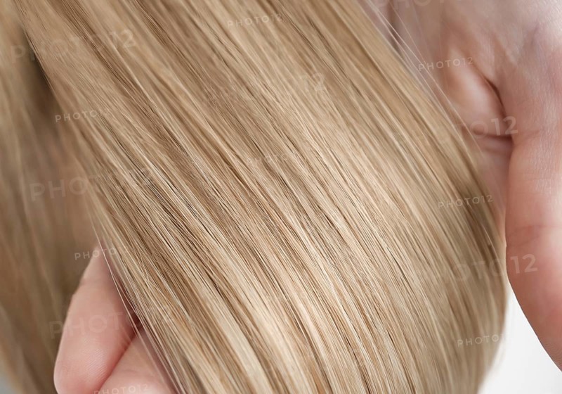A strand of blond hair on a white background. Close-up