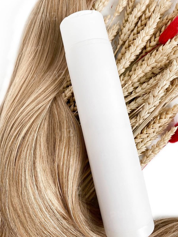 A strand of blond hair with a bottle of shampoo on a white background. Close-up