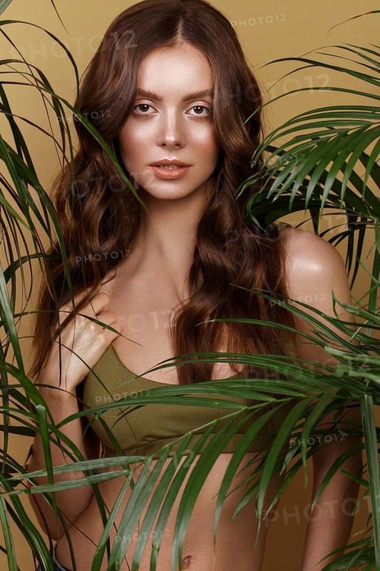 Beautiful sexy woman in a bikini posing in the middle of green plants. Summer look. Beauty face. Photo taken in the studio