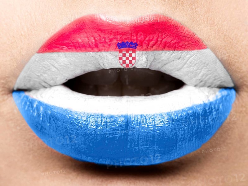 Female lips close up with a picture of the flag of Croatia. white