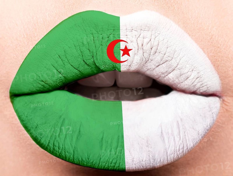 Female lips close up with a picture of the flag of Algeria. white