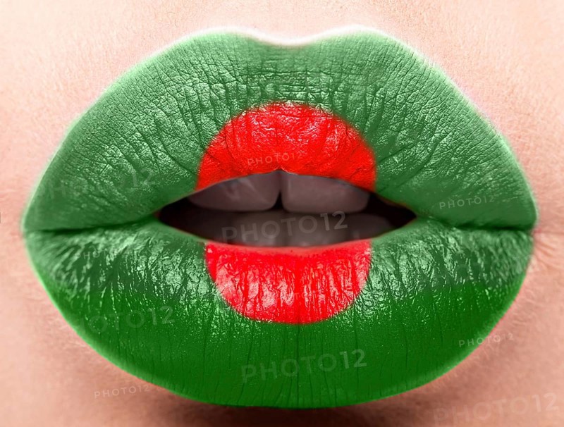 Female lips close up with a picture of the flag of Bangladesh. red