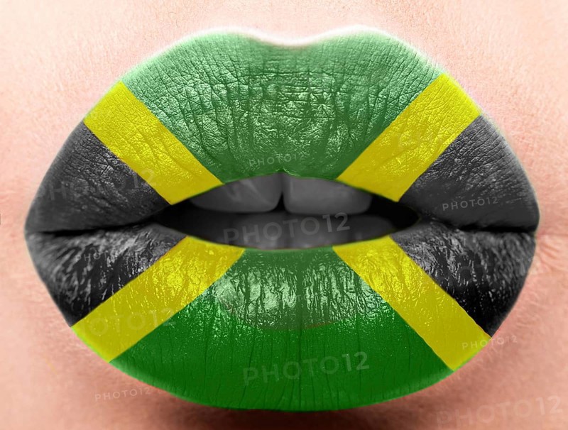 Female lips close up with a picture of the flag of Bangladesh. red
