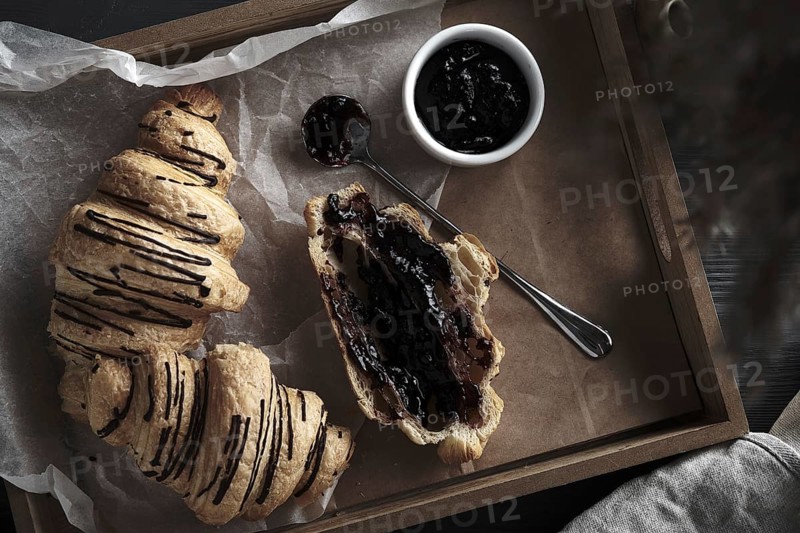 Croissants with chocolate and jam on a wooden breakfast tray
