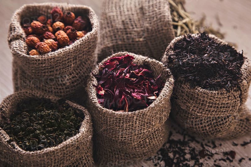 Collection of different varieties of tea in bags. White