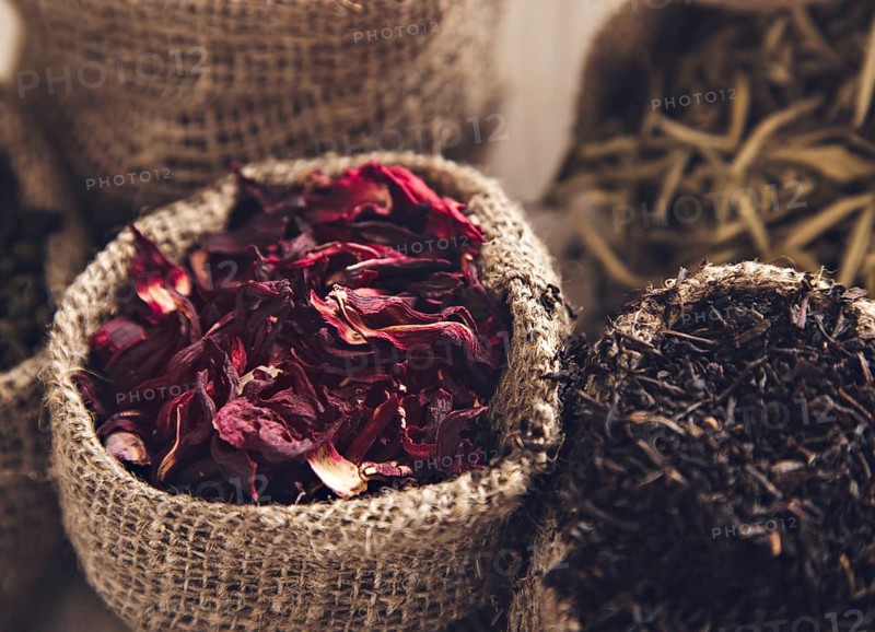 Collection of different varieties of tea in bags. White