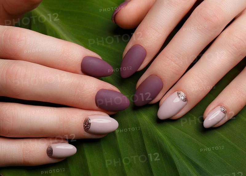 Tender neat manicure on female hands on a background of green leaves. Nail design