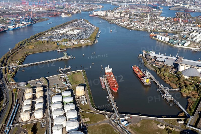 Aerial view of the Blumensandhafen terminal for green ammonia as a basis for hydrogen