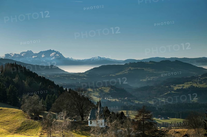 View from the high plateau Hagspiel in the Allgaeu to the mountain range of the Saentis