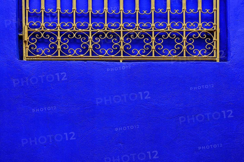 Ornate window grille in a blue wall