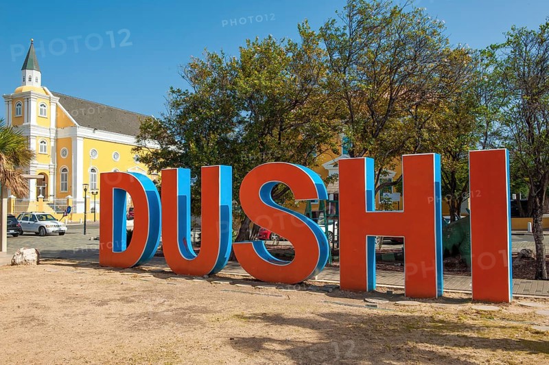 Lettering in the form of free-standing oversized capital letters of Creole language Papiamentu word Dushi term for pet name Schatzi