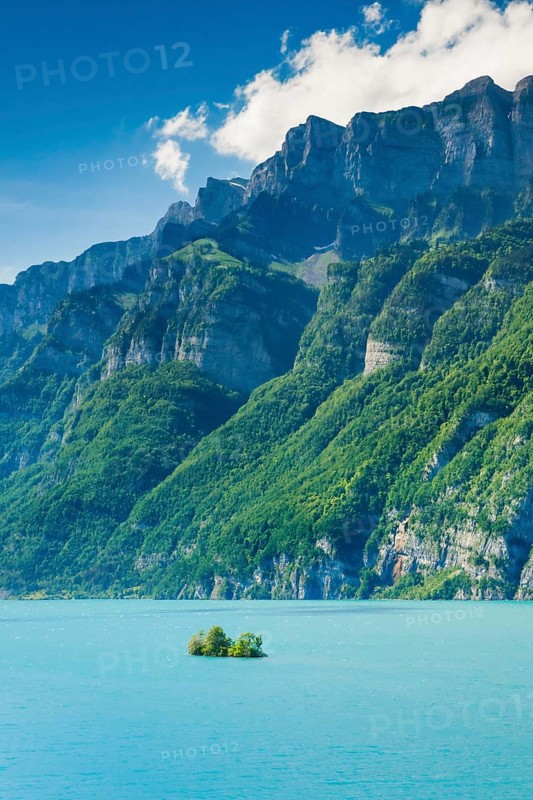 Sunny view over Lake Walen with the small chive island in the turquoise water and mountain range Schaeren and Leistchamm in the background