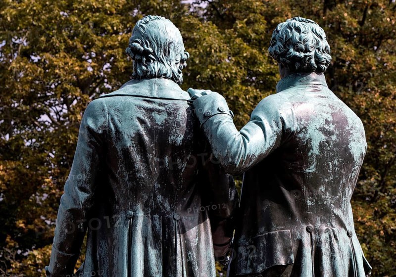 Rear view of double statue Goethe-Schiller monument by Ernst Rietschel